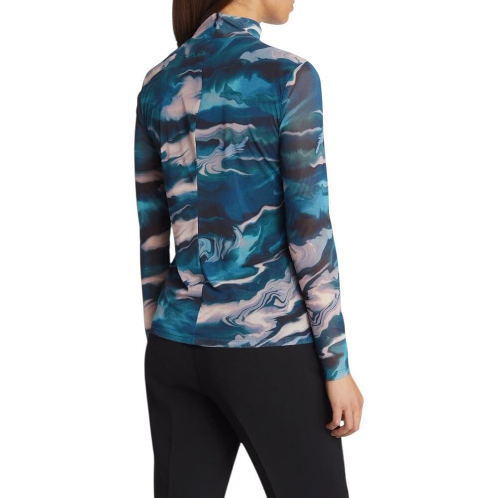 ANNE KLEIN ZIP BLOUSE BLUE MULTI MESH STRETCH SMALL LONG SLEEVE TURTLENECK - Picture 3 of 11